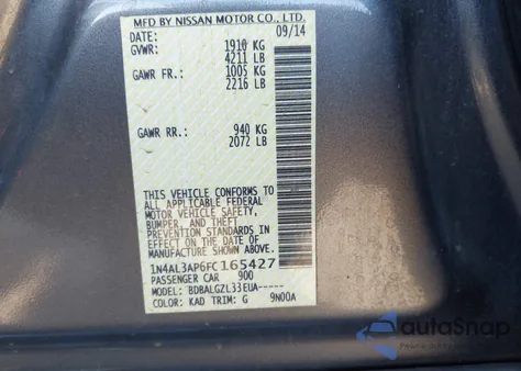 2015 Nissan Altima 2.5/2.5 S/2.5 Sl/2.5 Sv z USA, uszkodzony, nr VIN 1N4AL3AP6FC165427